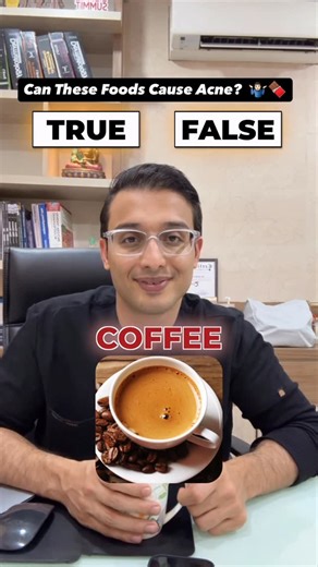 Dr. Ankur Sarin on Instagram: "Dark Chocolate – False Dark chocolate is fine. Milk chocolate (because of sugar + dairy) can trigger acne. Whey Protein – TRUE Whey increases insulin + IGF-1 levels → can worsen acne, especially hormonal acne. Juices – TRUE High sugar → spikes insulin → can increase breakouts. Fruits – FALSE (mostly) Whole fruits don’t cause acne. Only excess high-GI fruits may worsen it. Coffee – FALSE Coffee alone doesn’t cause acne. But coffee + milk + sugar can. Milk – TRUE Ski