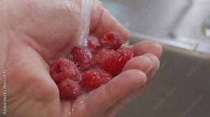 Washing raspberries in hand in a sink