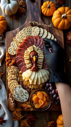 Thanksgiving Turkey Charcuterie Board Ingredients: For the “Turkey Feathers” (the fan shape): Round crackers Salami slices (for red tones) Small cracker For the “Turkey Body”: A small sausage log (as the body base) Cheese triangles or slices (to create the chest feathers) Black olive pieces and cream cheese (for eyes) A small piece of carrot or bell pepper or cheddar cheese (for the beak) Cheese slice for body For the Sides (filling the board): Grapes (red ) Dried apricots Pecans Mixed crackers 