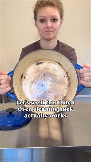 Katie | Sourdough Comedy Hour on Instagram: "Dutch Oven Cleaning Hack | Does it actually work? Well kind of 😂 I could have scrubbed more and let the baking soda and water sit longer but I’m still happy with the outcome! I’d make soup in my Dutch oven now! I would have never considered it before cleaning. 🧼 Boil 4ish cups of water 🧼 Add 2 tbsps of baking soda (it felt like a science experiment 🫧) 🧼 Let simmer for 3-5 mins 🧼Remove from heat and let it sit until cool enough to handle (or sit 