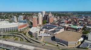 Providence modern city aerial view in downtown providence, Rhode Island RI, USA. The buildings including Industrial National Bank Building, One Financial Plaza, Residences Providence, etc.