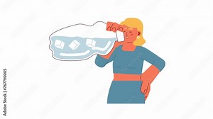 Woman drinking iced water 2D character animation. Stay hydrated at hot weather flat cartoon 4K video, transparent alpha channel. Thirsty female at heat animated person on white background Stock Video