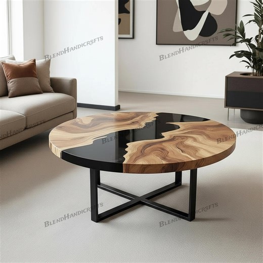 Handmade Black Epoxy Round Coffee & Dining Table | Natural Solid Wood | Custom Made to Order - Etsy