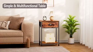 Furologee Nightstand with Fabric Drawer & Storage Shelf, Small Side Table for Small Space, 2 Tiers Industrial End Table for Living Room, Bedroom, Black Oak