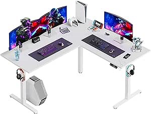 Bestier Electric Standing Desk Adjustable Height, 63 x 55 inch L-Shaped Sit Stand Desk with Dual Motor, Large Raising Desk Home Office Stand Up Corner Desk Computer Workstation, White