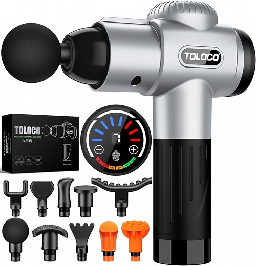 TOLOCO Massage Gun, Muscle Massage Gun Deep Tissue for Athletes with 10 Massage Heads, Electric Percussion Massager for Any Pain Relief, Silver