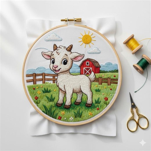 Cute Goat in Village Hand Embroidery Design, Goat Embroidery PDF File - Etsy