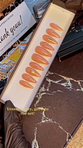 Client Ordered: Long Almond Nude Playboy set with rhinestones and 3 Peaches N Cream Organic Cuticle Oil Pens! #pressonnails #fy #customnails