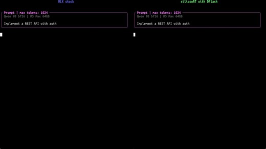 DFlash speculative decoding on Apple SiliconQwen3.5-9B bf16 · M5 Max · greedy exact match▸ 85 tok/s, 3.3× at 1024 tokens (runtime)▸ ~70 tok/s, 2.6× in the video (terminal I/O overhead)▸ 80 tok/s, 3.1× at 2048 tokens (runtime)Currently working on: → Long context (speedup degrades past 4K tokens, KV cache growth) → Int4 quantized models (27B class)Built on MLX, no CUDA, single machine.Draft generates 16 tokens in parallel, target verifies in one forward pass.Will open source when ready.