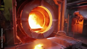 A shot of an annealing oven where aluminium and other metals are heated to increase their malleability. The metal is rotating on a spinning wheel which is heated in a chamber filled with hot gas.
