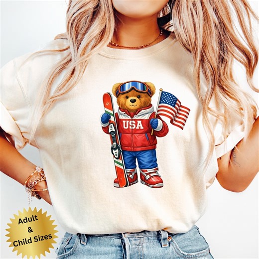 USA Skiing Teddy Bear Shirt Comfort Colors, USA Winter 2026 T-shirt, 2026 Winter Sports Crewneck, Italy Winter Sports Shirt - Etsy