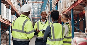 Distribution, team and tablet in warehouse for inspection training, service delivery and inventory management. Logistics, people or tech with supply chain instructions, staff meeting or stock control