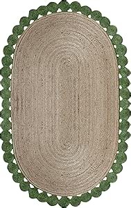 Braided Jute Area Rug, Boho Indian Kilim Rugs - Small 5x3 Foot Oval Woven Flatweave Kilim Rugs for Indoor Outdoor Use, Carpet Dhurrie for Kitchen Entryway Office (Green & Beige)