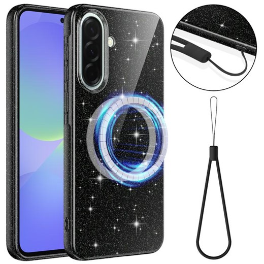 [$3.71] For Samsung Galaxy A37 5G Fine Hole Glossy Glitter Magnetic TPU Phone Case with Same Color Hand Strap(Black)