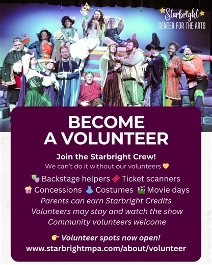 🎭 VOLUNTEERS NEEDED at Starbright! Help backstage, concessions, tickets & more 👀 Stay and watch the show while you volunteer ⭐ Parents can earn Starbright Credits 💛 Teens community welcome 🙌 No experience needed We REALLY need help for Curse of the Mummy 🏺 Sign up: signupgenius.com/go/10C0B4AADAB2FA4FEC07-62028561-curse More info: starbrightmpa.com/volunteer #pilotpointtx #communitytheatre #volunteer #theatrekids #backstagelife