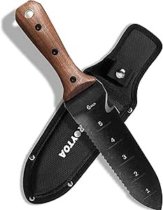 ROYTOA Hori Hori Garden Knife, Garden Tools with Sheath for Weeding,Planting,Digging, 7" Stainless Steel Blade with Cutting Edge, Full-Tang Walnut Wood Handle with Hanging Hole