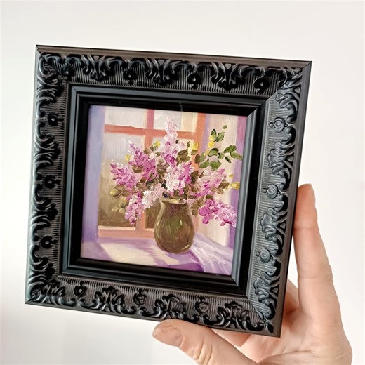 Lilac Flowers Miniature Original Oil Painting Size 4 X 4 Inches, 10x10 Cm – Floral Still Life in Vase, Framed Wall Art - Etsy