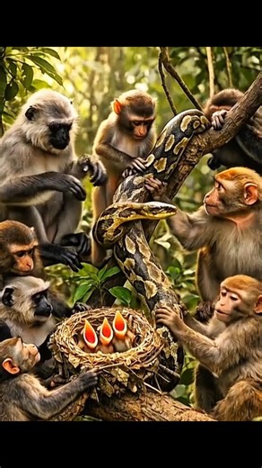Monkey Army Attacks Giant Python Near Bird Nest 😱 | Jungle Wildlife Drama #wildlife #shorts #nature