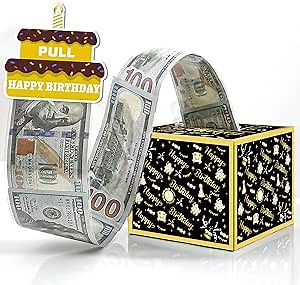 Aheroi Birthday Money Box for Cash Gift Pull, Surprise DIY Birthday Money Pulling Box with Pull Out Card, Black Gold Money Holder Box, Christmas Money Roll Gift Box for Lovers Parents Kids Friends