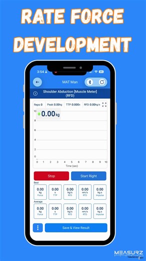 ⚡ Measurz Testing Mode – Max RFD RFD (Rate of Force Development) shows how fast your client can produce force — one of the best indicators of power, explosiveness, and readiness. With Testing Mode in Measurz, you get real-time, objective data that goes far beyond “looks powerful.” 📈 Live Graph Visualises the entire force curve — lets you analyse how quickly force rises, where it plateaus, and how consistent the effort is. 💥 Max Force & Avg Force Max: highest output produced Average: sustained 