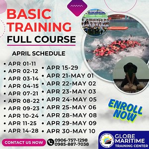 𝐍𝐎𝐖 𝐎𝐏𝐄𝐍: (𝐁𝐓) APRIL 2025 Schedule - Basic Training (FOR SEAMANS BOOK) Step by step to Enroll on this course: 1) 𝐖𝐀𝐋𝐊-𝐈𝐍 : Kindly visit Globe Maritime Registration office and bring all required documents to enroll walk in. 2) 𝐎𝐍𝐋𝐈𝐍𝐄 : Kindly message us your training course and training date, submit soft copy of requirements and proceed to payment. Mode of payment 1) GCASH to BANK transfer 2) BANK to BANK transfer for any question and inquiries kindly call us: 📱𝐌𝐎𝐁𝐈𝐋𝐄: