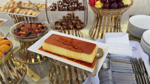A lavish dessert table featuring a large caramel flan, fresh fruit arrangements, and assorted gourmet pastries at a high-end catering event or restaurant buffet.