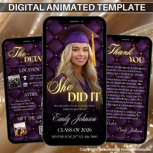 Purple Animated Graduation Invitation Video, Editable Level up Party Evite for College Announcement Dinner, Digital Graduation Invite - Etsy
