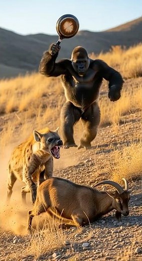 Unbelievable Moment: Gorilla Fights Hyena with Frying Pan to Save Goat!#WildRescue#HeroAction #ゴリラ救出