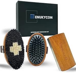 Wooden Pet Grooming Kit for Short-Haired & Double-Coated Dogs Cats Horses- Includes Bristle Brush, Massage Brushes & Deshedding Tools -Dog Brush for Shedding - Best Deshedding Comb - Idea Gift