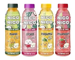 NICONICO COCONUT GEL JUICE DRINK-VARIETY PACK [16.9 fl oz, Pack of 12 (3 bottle of each Mango/Lychee/Strawberry/Pineapple)] Refreshing 30% Fruit Juice Drink with Coconut Gel