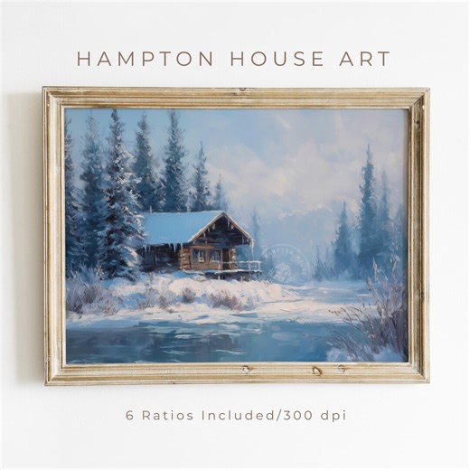 Cozy Winter Log Cabin Painting Rustic Frozen Lake Scene Snowy Evergreen Trees Moody Winter Landscape Printable Wall Art 570 - Etsy