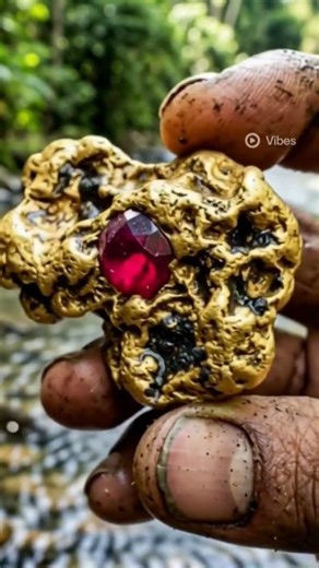 Discovery of a natural rough gold nugget with a red ruby ​​gemstone embedded in it #gemshunter