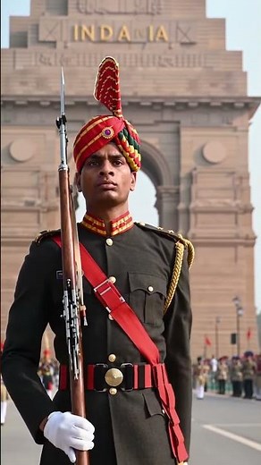 An Indian soldier marching in Republic Day parade in New Delhi, wearing ceremonial uniform ....