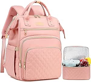 Lunch Backpack, 15.6 inch Laptop Backpack with Insulated Lunch Bag, Backpack Cooler for Women, Large Travel Backpack Lunch Box Compartment, Work Computer Backpack, Teacher College Book Bag, Pink
