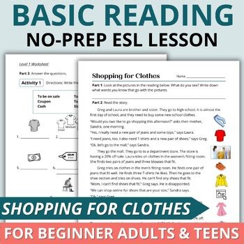 Beginner Adult ESL Short Story Reading Comprehension Worksheets Clothes Shopping