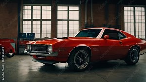Muscle red car in a car shop center. Vintage classic sport car garage workshop background