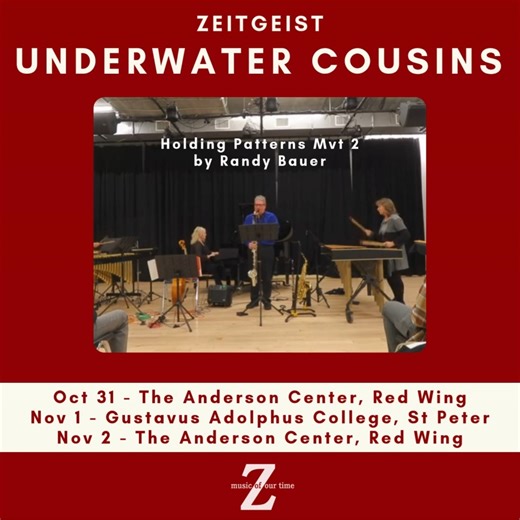 Here's a bit of Movement 2 from Randy Bauer's Holding Patterns. We'll be performing this capitivating work this Fri-Sun in Red Wing and St. Peter. More information and tickets can be found on Zeitgeist's website. See you there! | Zeitgeist