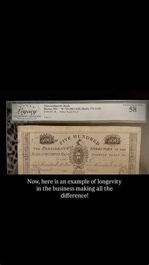 A FUN rarity! (😉) In more than 35 years in the business, this is only the second example of this banknote that Jason has seen. It is a proof of a $500 note from the Massachusetts bank in Boston from the first half of the 19th century. | Legacy Currency Grading