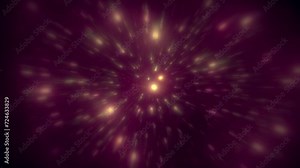 Interstellar space background with shiny stars, light rays motion blur texture. Loop rotating animation of glowing yellow particles on dark backdrop. Meteor shower. Astronomy science. Galaxy wallpaper
