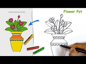 How to Draw Flower Pot step by step | Easy Flower vase with Flowers drawing for Beginners