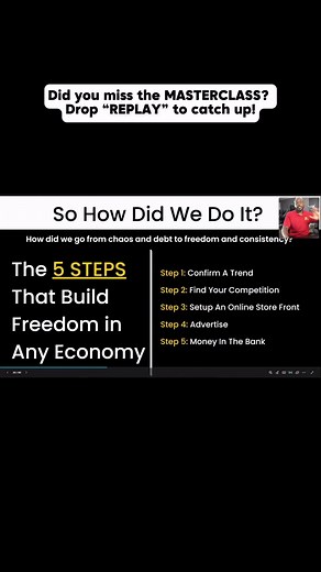 We realized the key to moving from chaos and debt to freedom is having a repeatable system! It all comes down to mastering these 5 STEPS That Build Freedom in Any Economy: Confirm a Trend Find Your Competition Setup an Online Store Front Advertise Money in the Bank Ready to start building your own freedom system?  Comment "REPLAY" if you missed our masterclass and catch up on the full breakdown! | The Ecom Family | Facebook