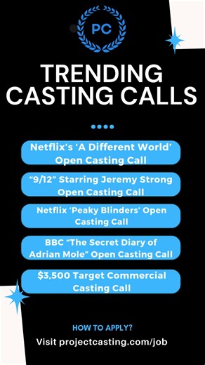 🔥 Trending Casting Calls Right Now 🔥 Big projects. Real pay. Major exposure. These castings are 🔥 and accepting submissions now: 🎓 Netflix’s ‘A Different World’ 🎭 “9/12” Starring Jeremy Strong 🧢 Netflix ‘Peaky Blinders’ 📖 BBC “The Secret Diary of Adrian Mole” 🎯 $3,500 Target Commercial Whether you’re chasing your first booking or your next big credit, these opportunities are moving fast. ⏳🎬 👉 Apply now at projectcasting.com/job #TrendingCastingCalls #NowCasting #PeakyBlinders #JeremySt