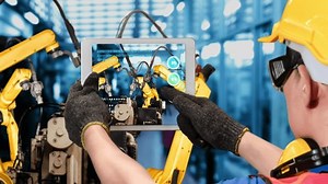 Smart industry robot arms modernization for innovative factory technology . Concept of automation manufacturing process of Industry 4.0 or 4th industrial revolution and IOT software control operation.