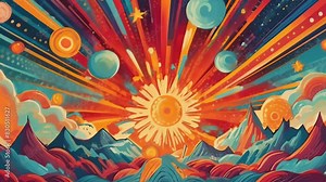 A burst of dynamic colors and shapes creates an energetic abstract explosion. Bright oranges, reds, and blues dominate the scene, with starburst patterns and dotted textures.