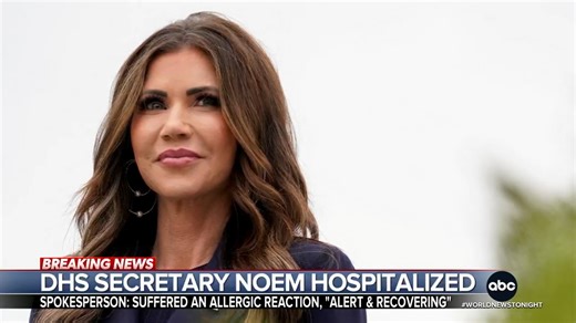967K views · 15K reactions | DHS Secretary Kristi Noem was taken to a Washington, D.C. hospital after an allergic reaction, according to the secretary's spokesperson. Noem is "alert and recovering," her spokesperson said. Pierre Thomas has the latest on her condition. https://abcnews.link/vLcoGvv?utm_source=facebook&utm_medium=social&utm_campaign=dhfacebook&utm_content=app.dashsocial.com%2Fabcworldnewstonight%2Flibrary%2Fmedia%2F543440432 | ABC World News Tonight with David Muir | Facebook