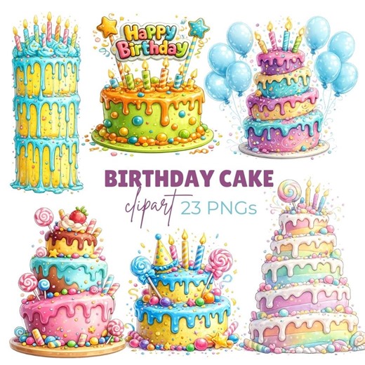 Whimsical Birthday Cake Clipart, Cake Topper Graphics, Digital Download, 23 Pngs - Etsy