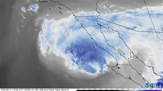 The remnants of Tropical Storm #Mario swept across California from Sept. 17–18, 2025, bringing thunderstorms and heavy rain. Water vapor imagery from NOAA's GOES West (GOES-18) satellite showed the moisture moving into parts of the western U.S. | NOAA Satellite and Information Service