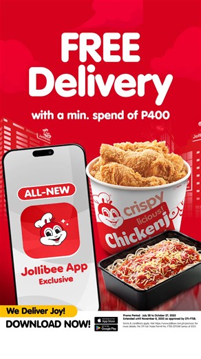 318 reactions | Order your Jollibee favorites with FREE Delivery with a min. spend of P400 exclusively on the all-new Jollibee app! Download Now! Promo Period: July 28 to October 27, 2025. Extended until November 8, 2025, as approved by DTI-FTEB. Terms & Conditions apply. Visit https://jollibee.com.ph/promos for more details. DTI Fair Trade Permit No. FTEB-229304 Series of 2025 | Jollibee | Facebook