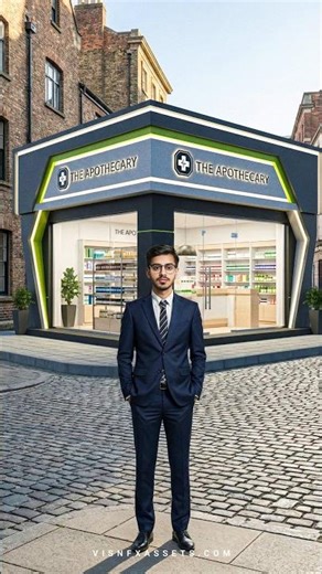 Corner Medicine Store Design with Modern Glass Front