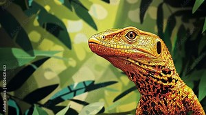 A bright yellow lizard with black spots looks towards the right, camouflaged in green foliage